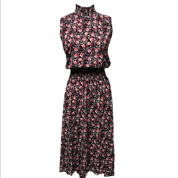 NWT Nanette Lepore Black Pink Ditsy Floral Smocked Neck Midi Dress 8 Hi-Low Hem - Picture 4 of 13
